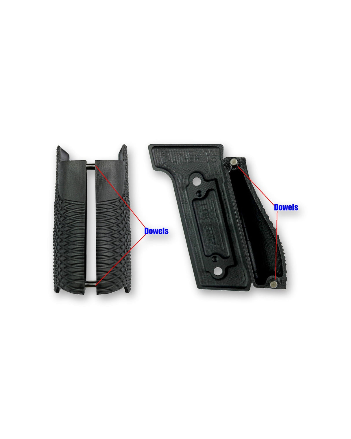 LOK Grips Griffschalen Detailansicht Rückseite und Seitenansicht mit Passstiften (Dowels) für sichere Montage an der Walther PDP Steel Frame