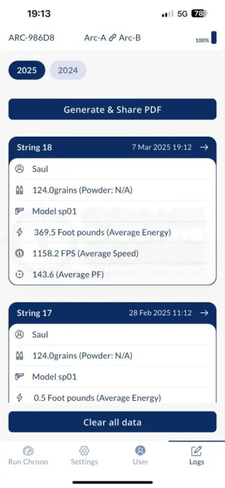Chronograph zur Messung der Geschossgeschwindigkeit von Double Alpha App mit Resultaten