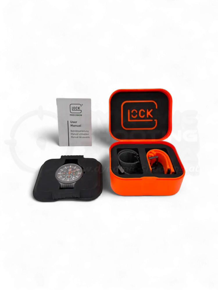 Original Glock Uhr Global mit orangem und schwarzem Mesh Band im orangen Glock Case