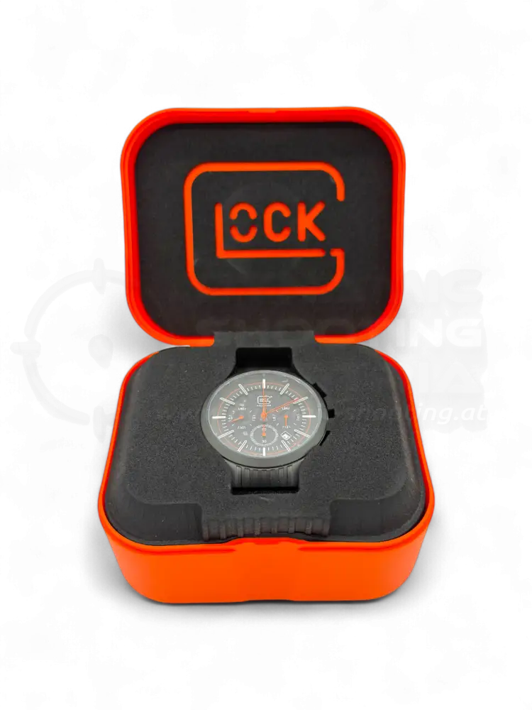 Original Glock Uhr Global mit orangem und schwarzem Mesh Band im orangen Glock Case