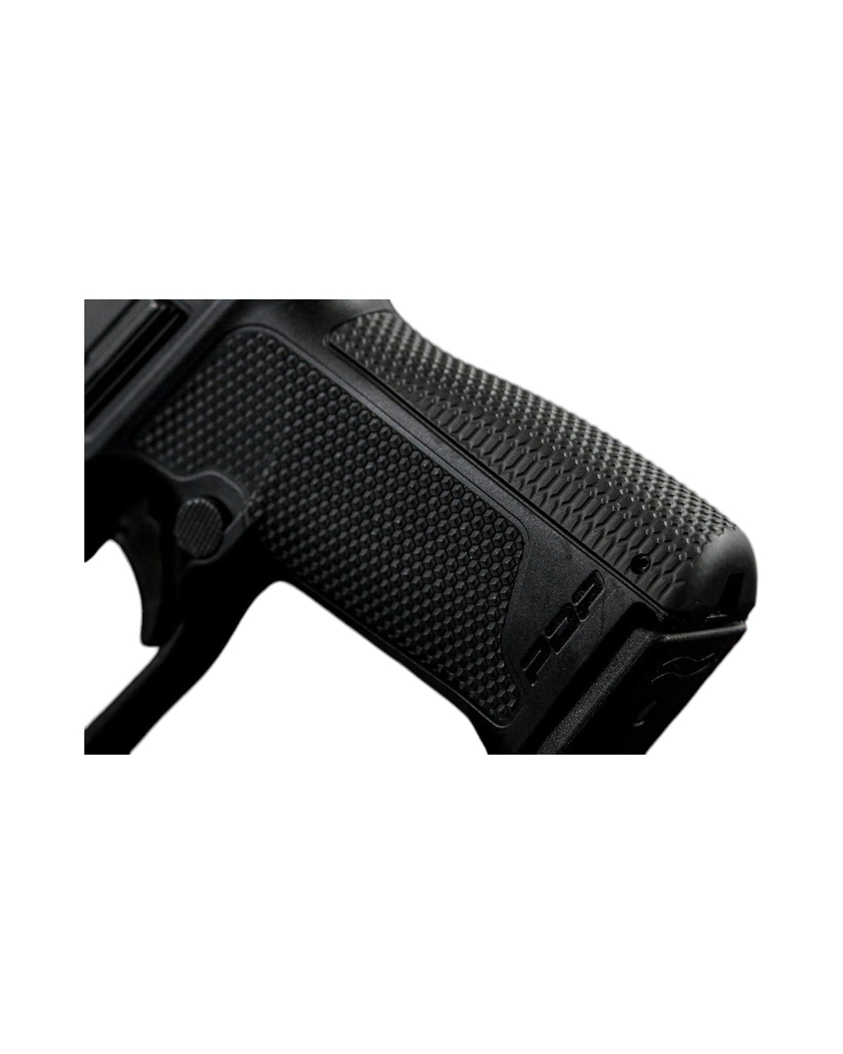 LOK Grips Messing Backstrap in Black Cerakote an einer Walther PDP F-Series montiert, Detailansicht der Wabenstruktur