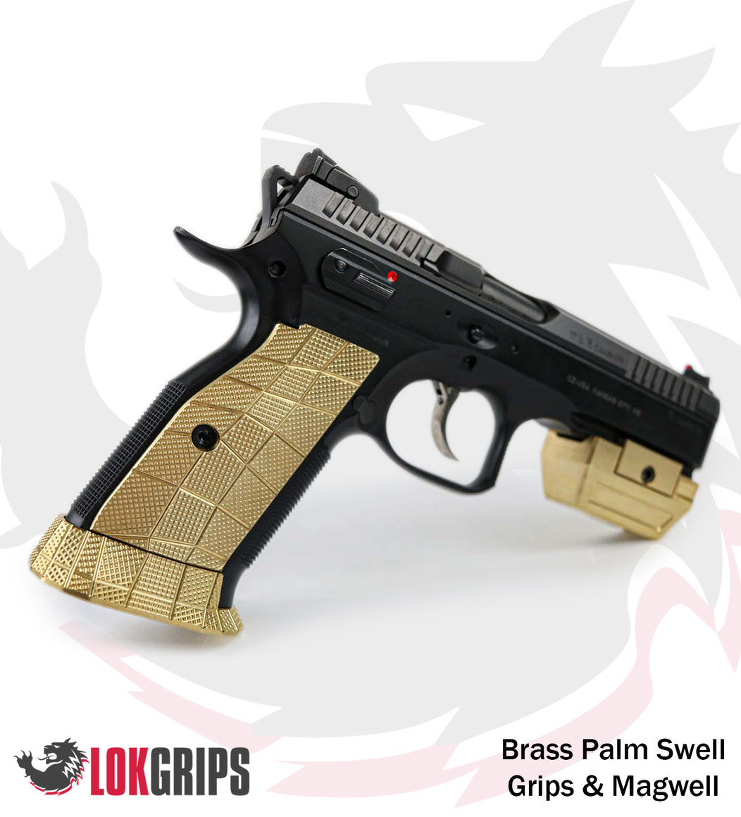LOK Grips Messing GridLOK Griffschalen und Magazintrichter montiert an CZ Shadow 2