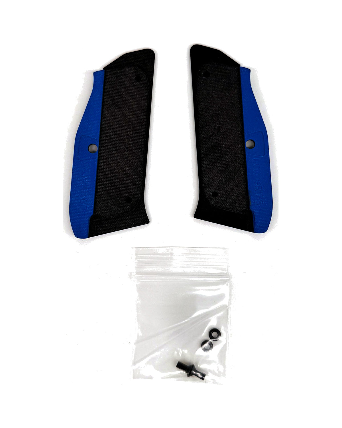 LOK Grips Bogies Griffschalen Thin für CZ Shadow 2 – Rückseite mit blauem Liner und Befestigungsmaterial