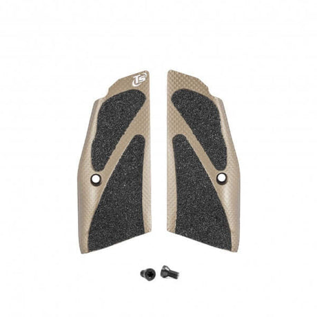 Ergonomische 3D Griffschalen von Toni System, passend für die CZ 75 SP-01, CZ Shadow 2, TS Orange sowie TS2. Ausführung Short - zur Verwendung mit Magazintrichte in Sand