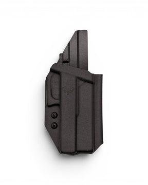 Custom Kydex Holster von Darkdeer Holster passend für Glock 17, Glock 19, Glock 34 und Glock 45 sowie 19X mit montiertem Frame Weight von Toni System - Frontansicht ohne Pistole