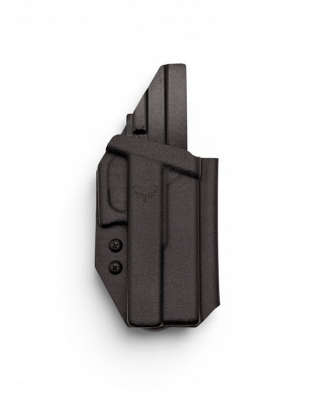 Custom Kydex Holster von Darkdeer Holster passend für Glock 17, Glock 19, Glock 34 und Glock 45 sowie 19X mit montiertem Frame Weight von Toni System - Frontansicht ohne Pistole