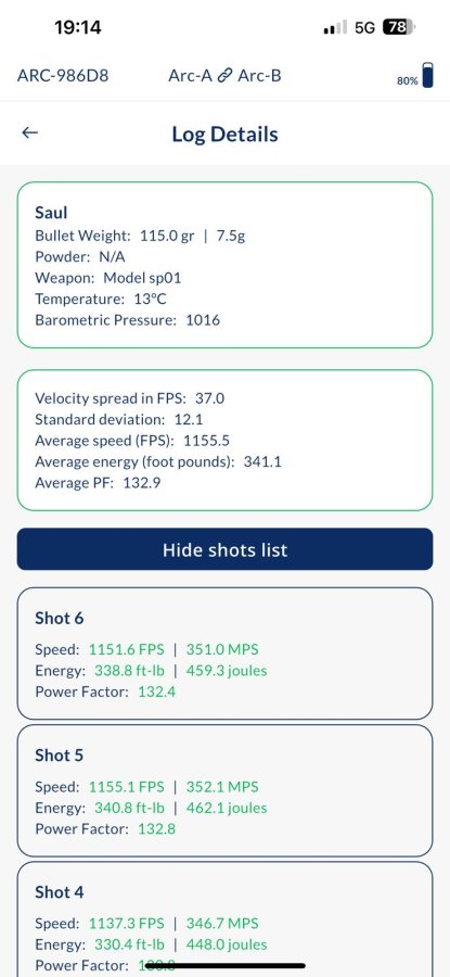 Chronograph zur Messung der Geschossgeschwindigkeit von Double Alpha App mit Resultaten 