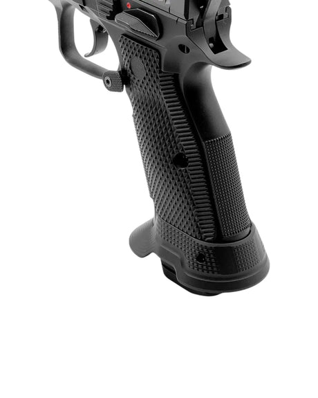 Ultimate Magazintrichter von Eemann Tech für die CZ Shadow 2 Magwell für IPSC Open oder IPSC Optics Division montiert auf einer CZ Shadow 2 mit Ultimate Griffschalen Ansicht Magwell
