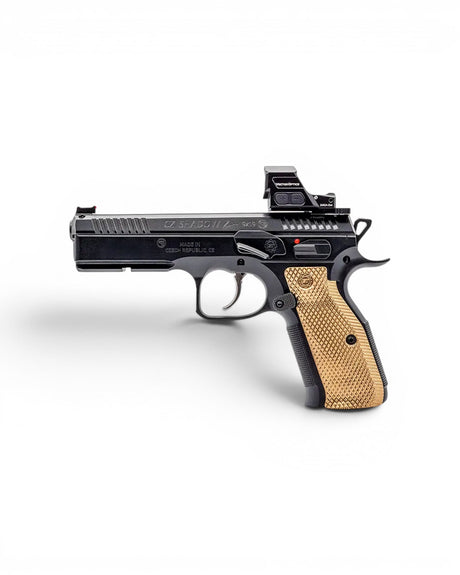 Shielded Verschlussfanghebel mit Daumenauflage mit Schild von Eemann Tech montiert auf einer CZ Shadow 2, Tactical Sport und CZ TS2