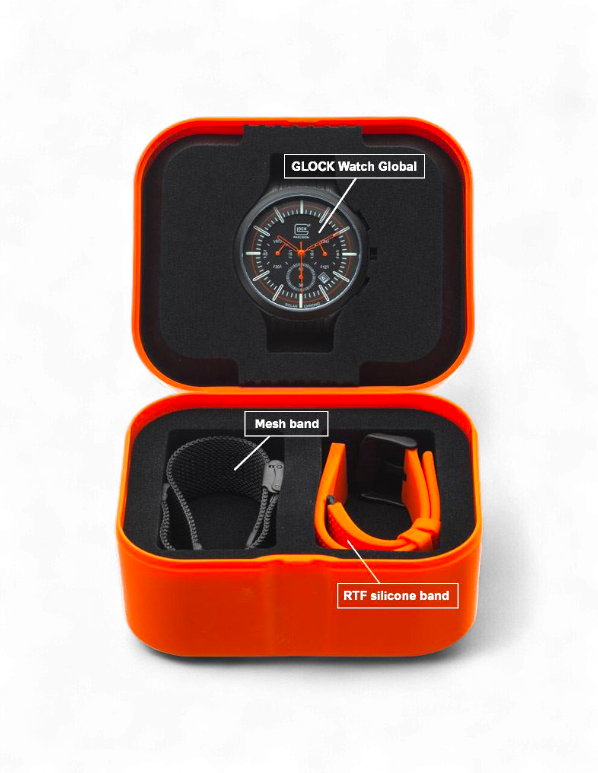 Original Glock Uhr Global mit orangem und schwarzem Mesh Band im orangen Glock Case