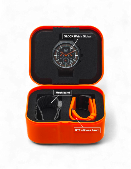 Original Glock Uhr Global mit orangem und schwarzem Mesh Band im orangen Glock Case