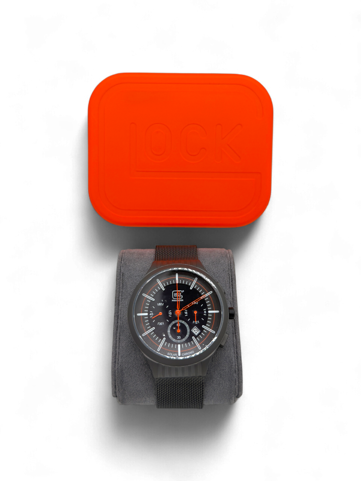 Original Glock Uhr Global mit orangem und schwarzem Mesh Band im orangen Glock Case
