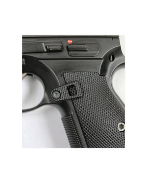 Magazinauswurfknopf-CZ-Shadow-2-Schwarz-Montiert.jpgLOK Grips G10 Oversized Magazinauswurfknopf in Schwarz montiert an CZ Shadow 2 – Nahaufnahme mit Griffschalen und Abzugsbügel
