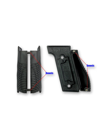 LOK Grips Griffschalen Detailansicht Rückseite und Seitenansicht mit Passstiften (Dowels) für sichere Montage an der Walther PDP Steel Frame