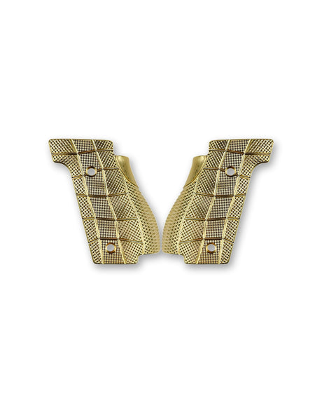 LOK Grips Messing GridLOK Griffschalen für Walther PDP Steel Frame in Raw Brass — Vorderansicht beider Griffschalen mit aggressivem GridLOK-Texturprofil