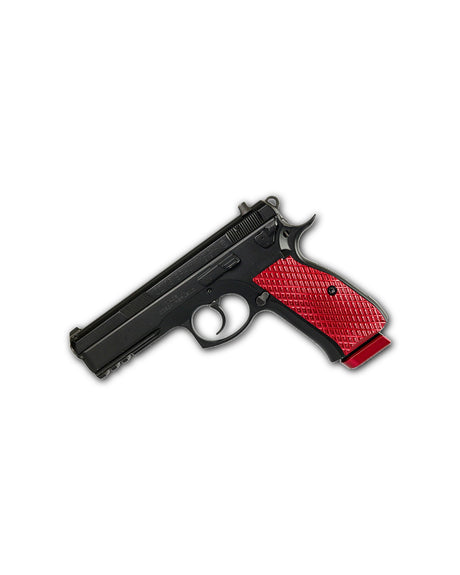 LOK Grips JAWS Palm Swell Griffschalen in Rot montiert auf CZ 75 SP-01 Tactical – Seitenansicht der kompletten Pistole
