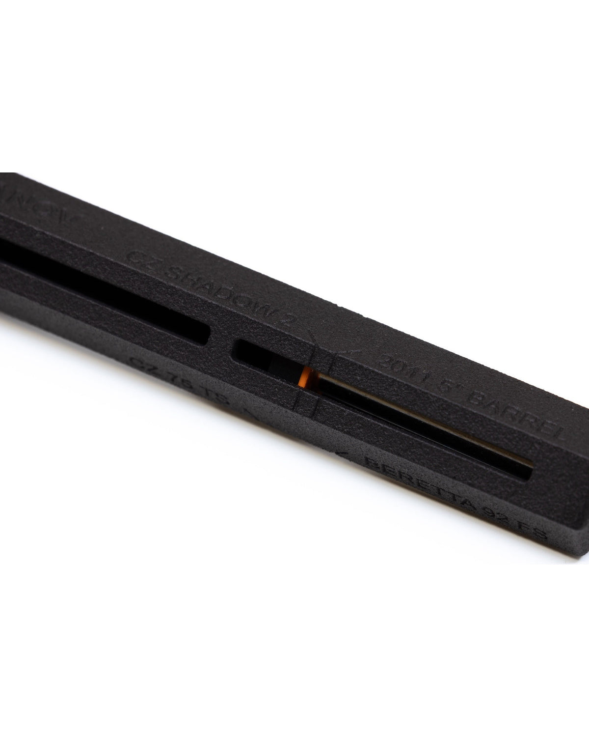 Armanov Recoil Spring Tester 2.0 Detailansicht – Gehäuse mit oranger Markierung und Modellprägungen CZ Shadow 2, 2011, Beretta 92 FS