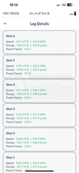 Chronograph zur Messung der Geschossgeschwindigkeit von Double Alpha App mit Resultaten 