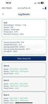 Chronograph zur Messung der Geschossgeschwindigkeit von Double Alpha App mit Resultaten 