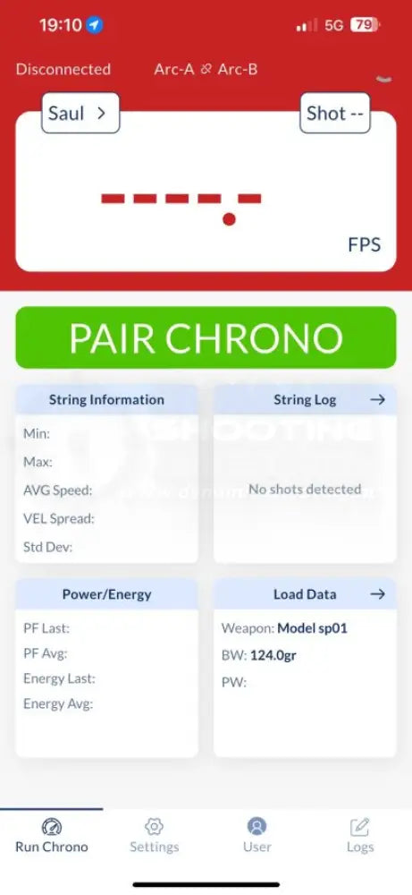 Chronograph zur Messung der Geschossgeschwindigkeit von Double Alpha App mit Resultaten 