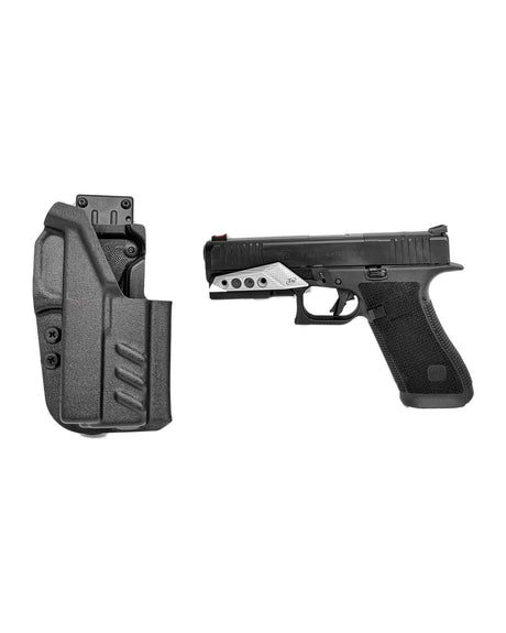 DARKDEER IPSC Holster for Glock with Toni System Frame Weight and 3D Thumb Rest – holster next to a Glock pistol with Frame Weight and thumb rest