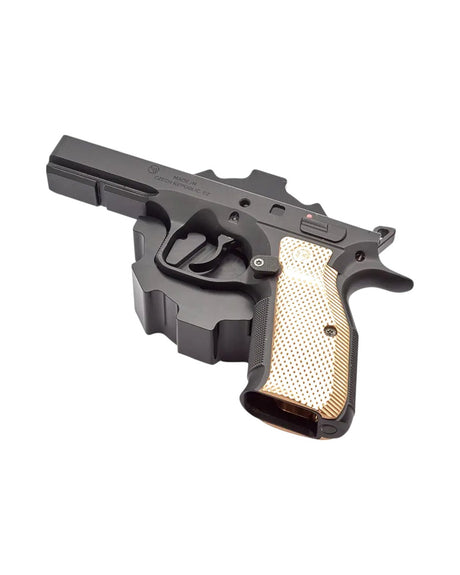 CZ Shadow 2 Bench Block mit eingelegter Pistole zur Demonstration der Passgenauigkeit