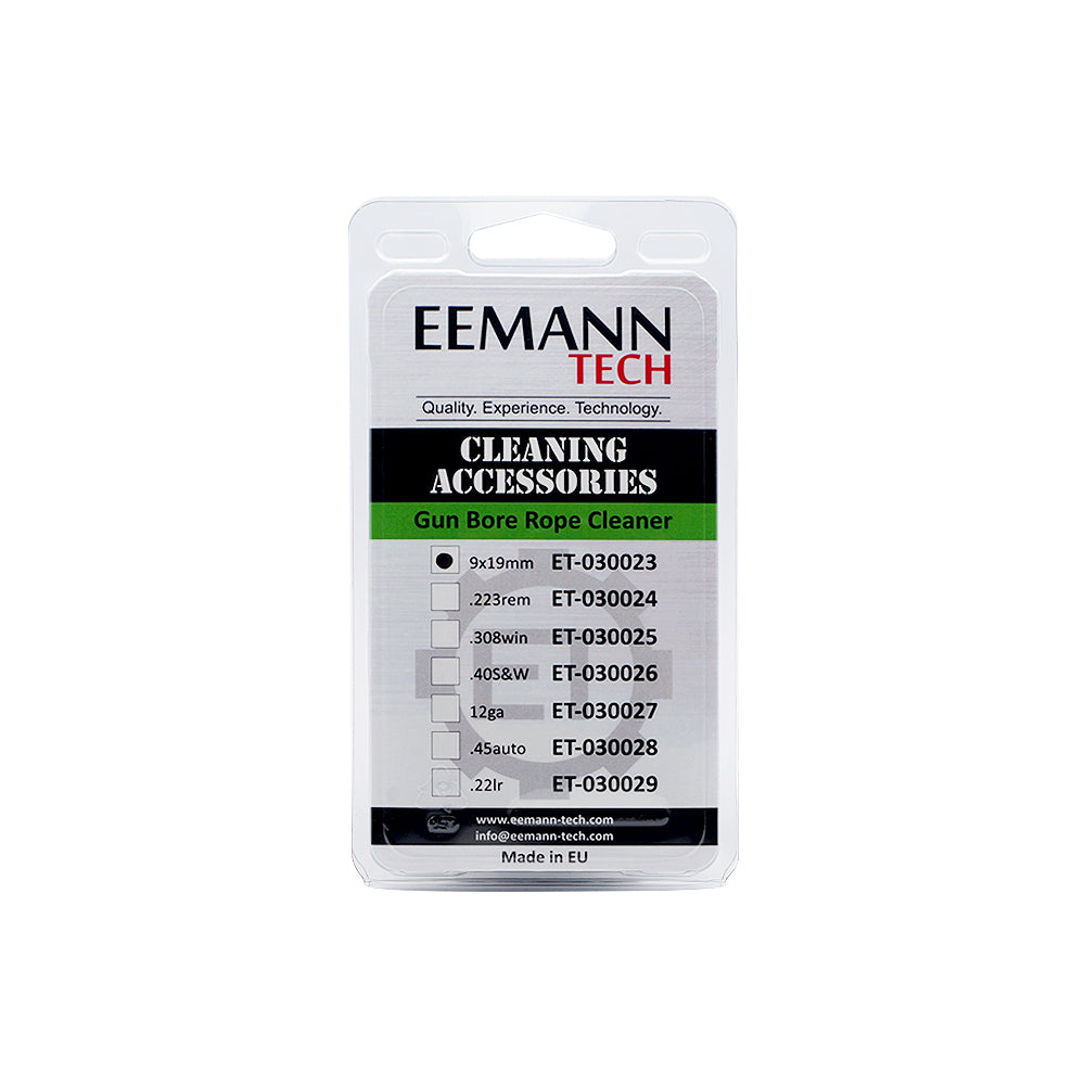 Eemann Tech Laufreinigungsschnur Bore Rope Cleaner, Verpackungsrückseite mit Kaliberübersicht