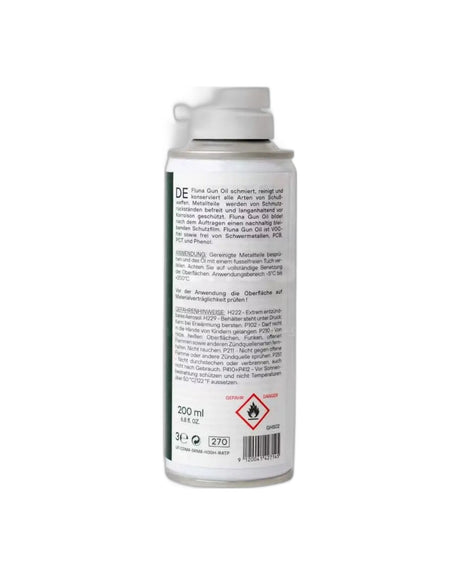 Flunatec Fluna Gun Oil Aerosol 200 ml, Rückseite mit Anwendungshinweisen