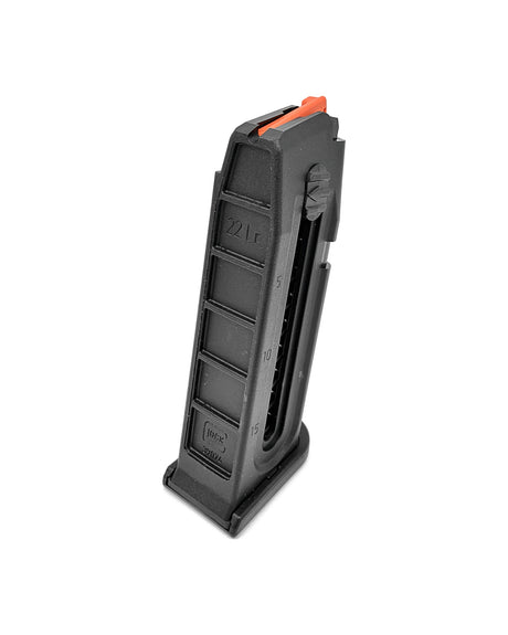 Glock 44 magazine, 15 rounds, .22 LR – angled view with loading aid and caliber marking