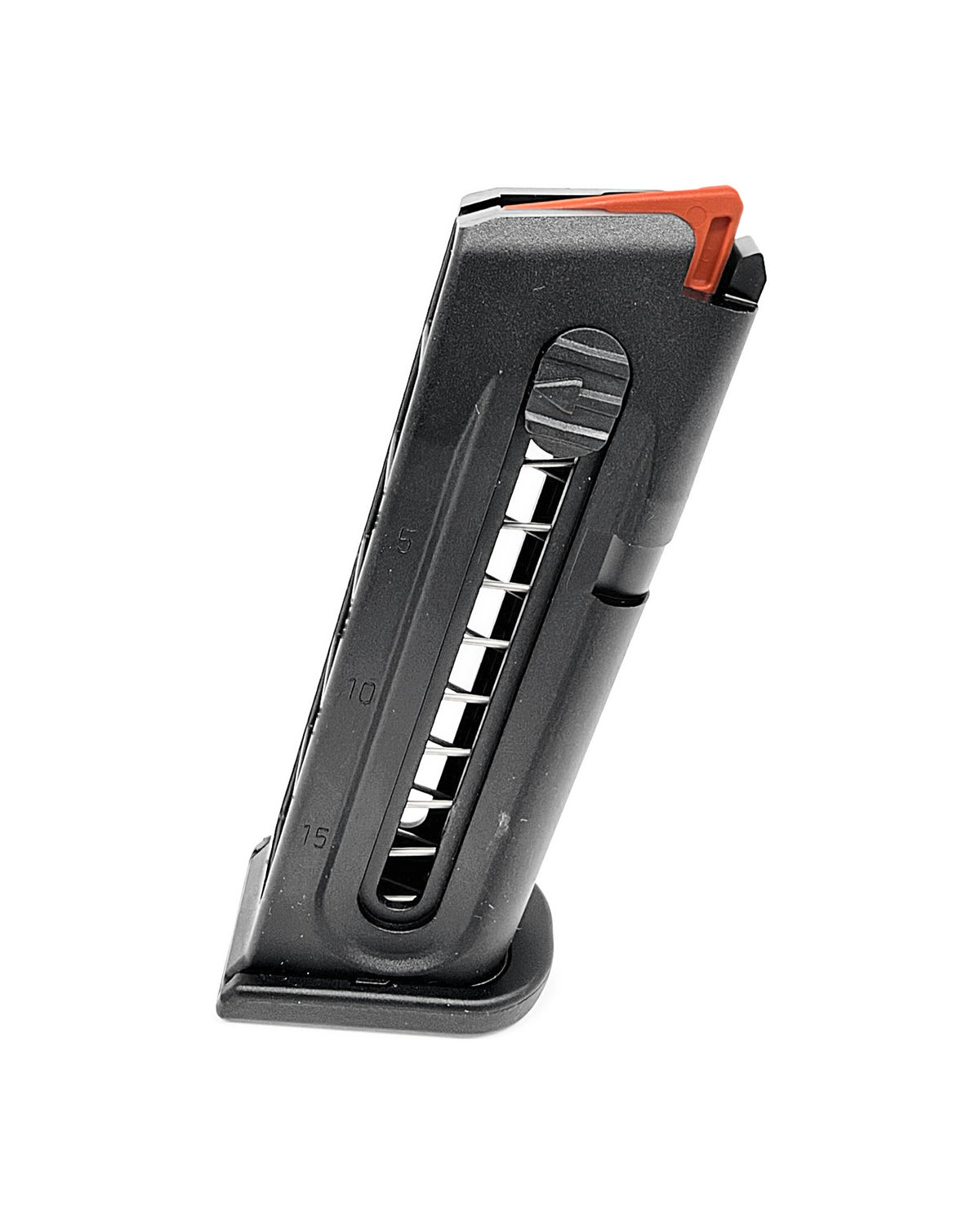 Glock 44 Magazin 15 Schuss .22 LR – Schrägansicht mit integrierter Ladehilfe und orangem Zubringer
