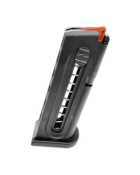 Glock 44 magazine, 15 rounds, .22 LR – angled view with integrated loading aid and orange follower