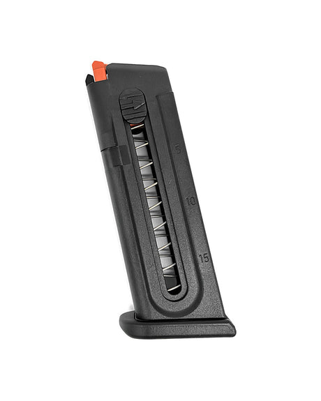 Original Glock 44 magazine, 15 rounds, .22 LR – side view with witness holes and round count markings