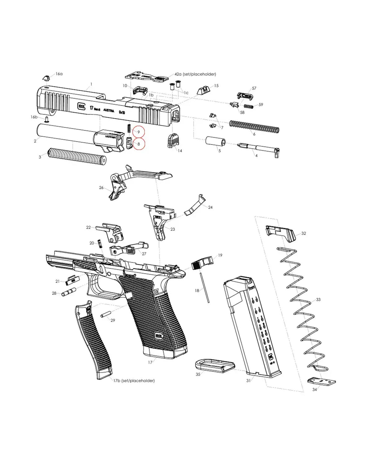 Glock Gen 6 Explosionszeichnung - Position 8+9 Schlagbolzensicherung