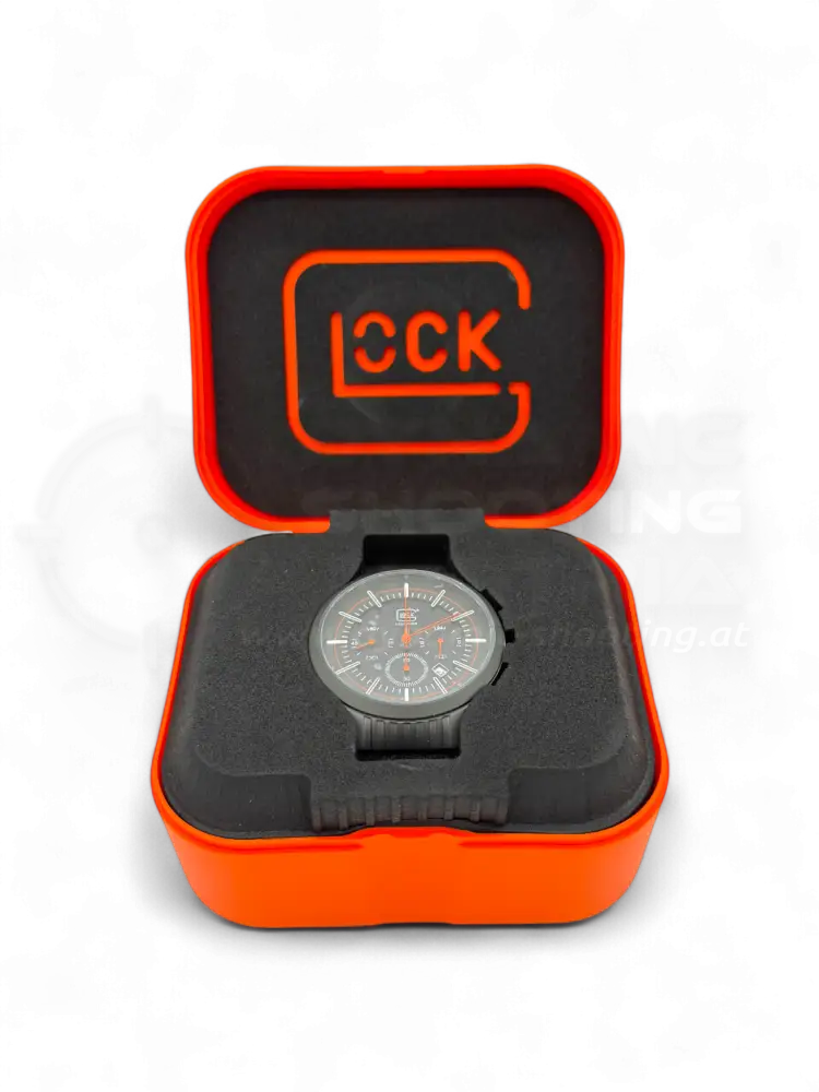 Original Glock Uhr Global mit orangem und schwarzem Mesh Band im orangen Glock Case