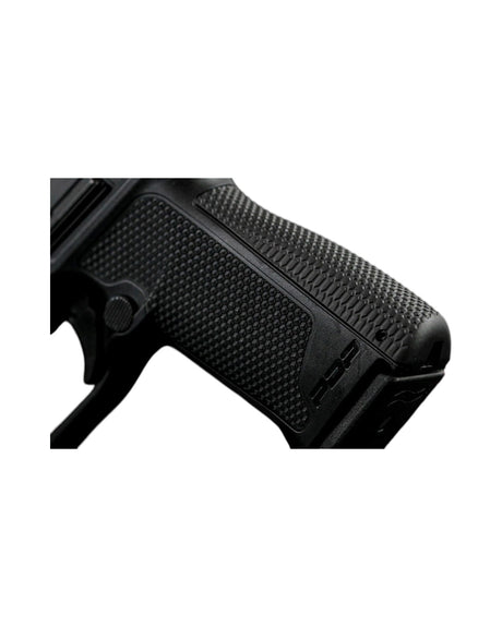 LOK Grips Messing Backstrap in Black Cerakote an einer Walther PDP F-Series montiert, Detailansicht der Wabenstruktur