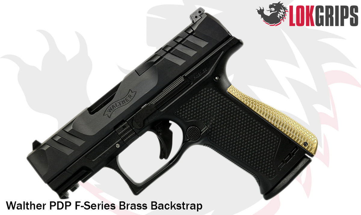 LOK Grips Messing Backstrap Raw Brass an der Walther PDP F-Series, Gesamtansicht der Pistole