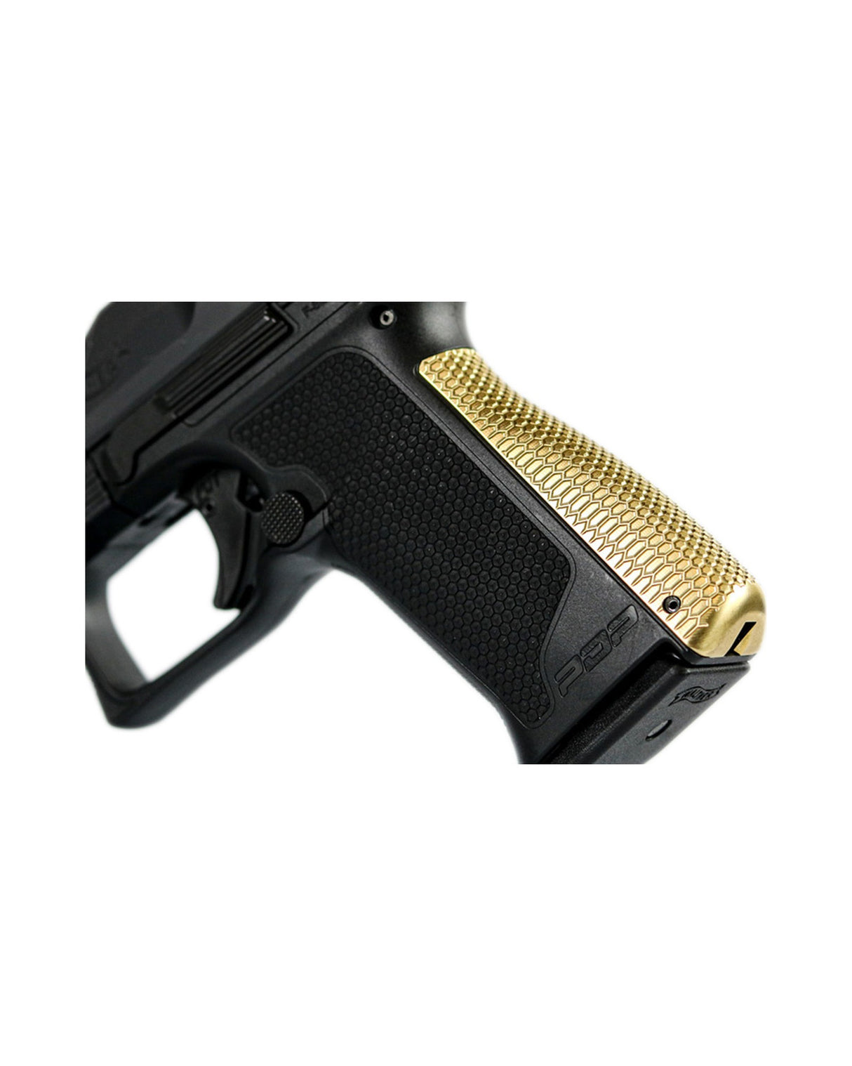 LOK Grips Messing Backstrap in Raw Brass an einer Walther PDP F-Series montiert, Detailansicht der Wabenstruktur